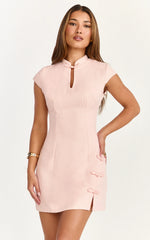 Mandarin Collar Leg Split Bodycon Dress in Pink