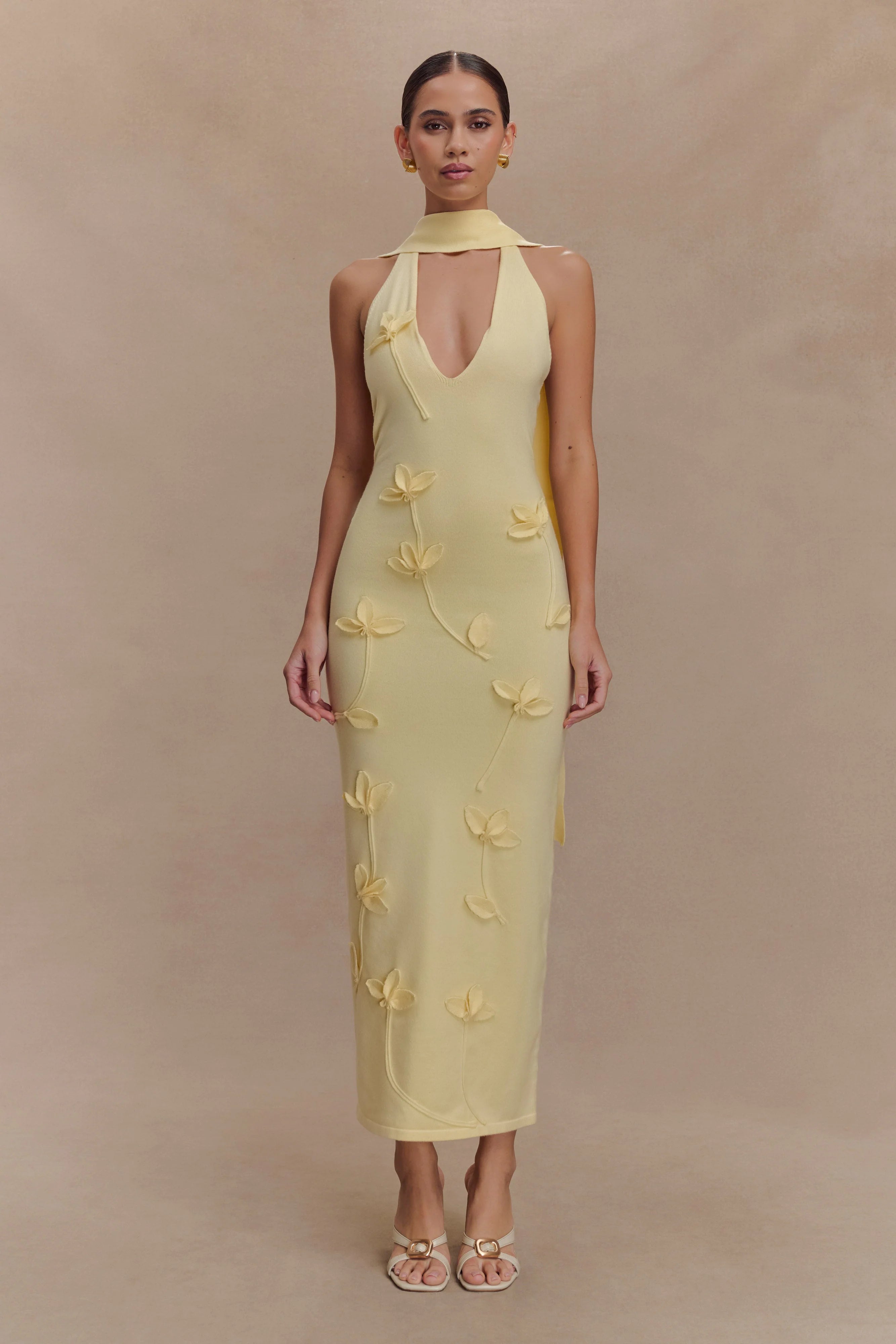 Wynn Floral Knit Midi Dress - Lemon